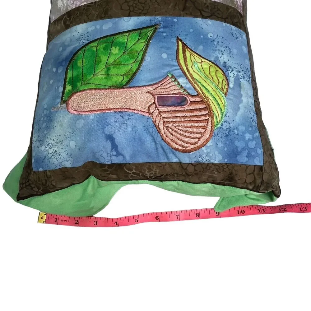 Vtg Quilted Batik Floral Throw Pillow 20” Appliqué Lily Cottagecore Botanical